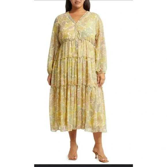 TAYLOR DRESS Paisley Long Sleeve Tiered Dress In Yellow Size 18W - Picture 1 of 6